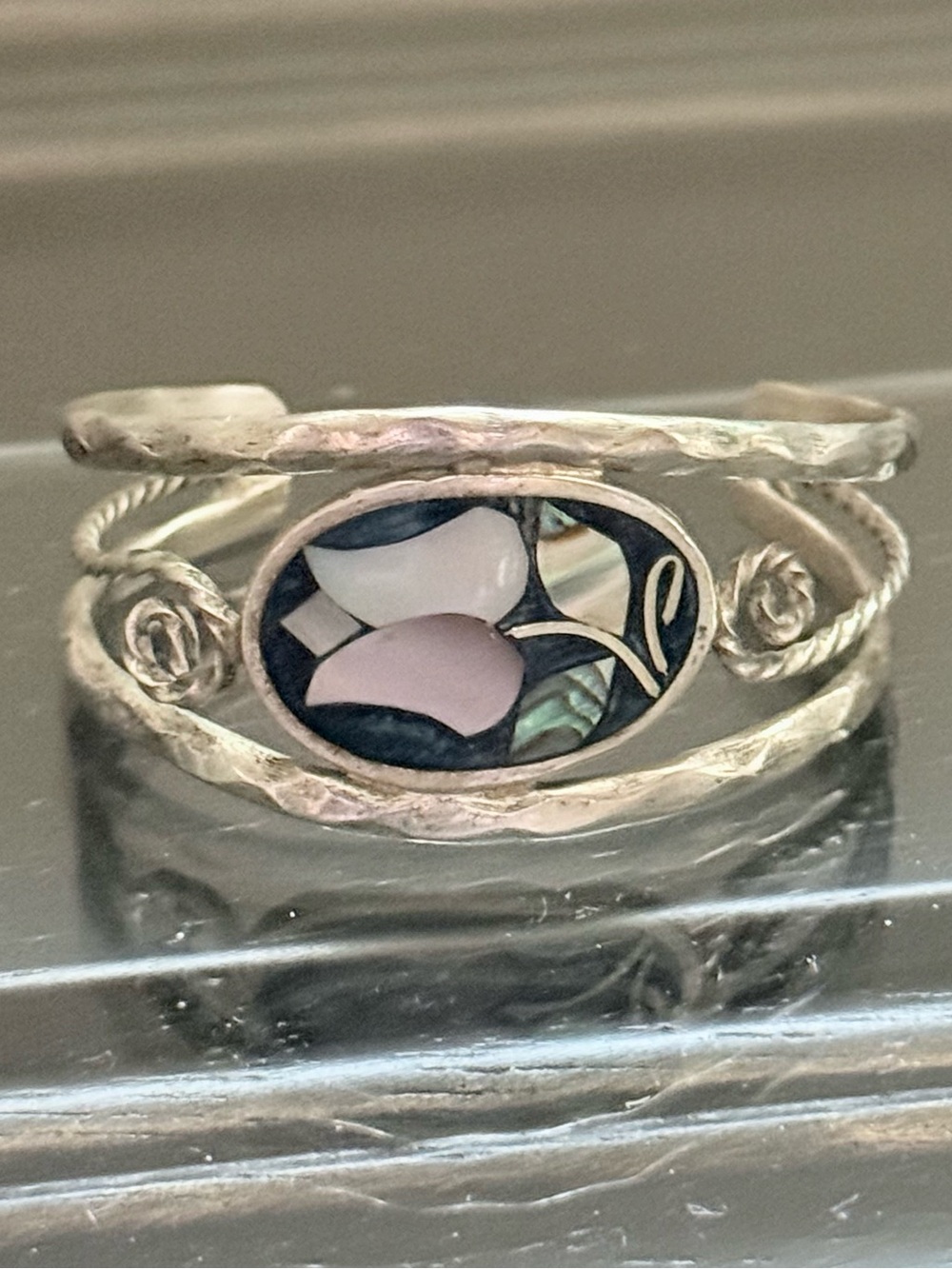Sterling Silver Floral Inlay Cuff baby/small child bracelet.